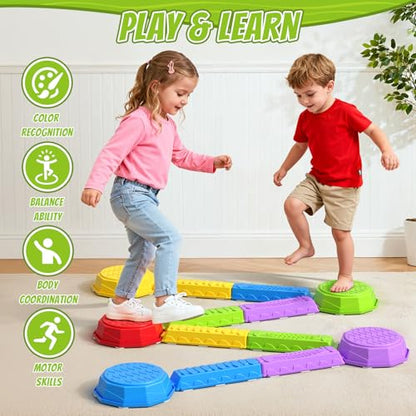 HYES Balance Beams Stepping Stones for Kids, Obstacle Courses Sensory Toys for Toddlers, Non-slip Jumping Step Stones Balance Beam Indoor & Outdoor Play Games Birthday Gifts for Boys Girls 3-5 - style: 5 Pads & 8 Beams