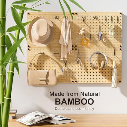 VOIMO Bamboo Peg Board, Eco-Friendly Pegboard Organizer Set with 35 Hooks – Wall Mounted Storage Rack for Kitchen, Tools, Crafts, Garage & Office – Pegboards System for Home Organization - size: 16'' X 12'' (4 Panels)