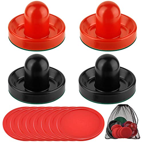 Coopay Air Hockey Pushers and Pucks, Air Hockey Paddles with Felt Bottoms, Goal Handles Paddles Replacement Accessories with a Drawstring Bag for Game Tables (4 Striker, 8 Red Puck Pack) - color: Black and Red