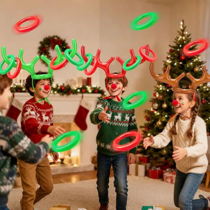 18 Pcs 3 Set Inflatable Reindeer Antler Ring Toss Christmas Party Games Kids Family Toys Stock Stuffer Christmas Activities Decorations Carnival Supplies Gifts Grandkids- 3 Antlers 12 Rings 3 Red Nose