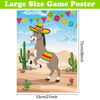 PLULON Pin The Tail on The Donkey Birthday Games for Kids Mexican Donkey Game Poster with Tail Stickers Donkey Party Favors Carnival Birthday Fiesta Home Wall Decor Classroom Family Activities - style: Mexican Donkey