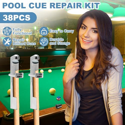 36pcs Pool Cue Repair Kit 12 Billiard Cue Tips, 2 Pool Cue Tip Clamps, 5 Ferrules, 12 Chalk Cubes 2 Cue Tips Trimmers,1 5in1 Pool Cue Tips Repair Tool, Billiard Cues Replacement Accessories