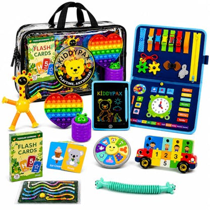 Kids Travel Activity Kit, 10-in-1 Montessori Busy Board, LCD Writing Tablet, Wooden Puzzle, Flash Cards & Sensory Fidget Toys, Screen-Free Travel Toys, Gift for Kids Ages 3–10