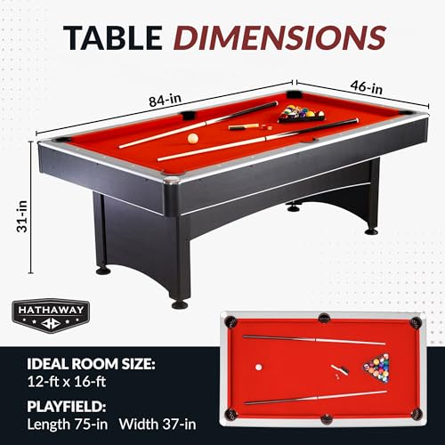 Hathaway Maverick 7 Foot Pool Table with Table Tennis Top – with Accessories for Both Games – Space-Saving Ping Pong and Pool Table Combo for Families – Matte Black Finish, Red Felt