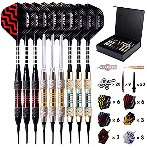 Turnart Darts Plastic Tip - Professional Soft Tip Darts Set for Electronic Dartboard 9 Pcs 18 Grams with 50 Extra Tips 9 Shafts 27 Flights Tool Kit Flight Protectors and Gift Darts Case - color: Gold