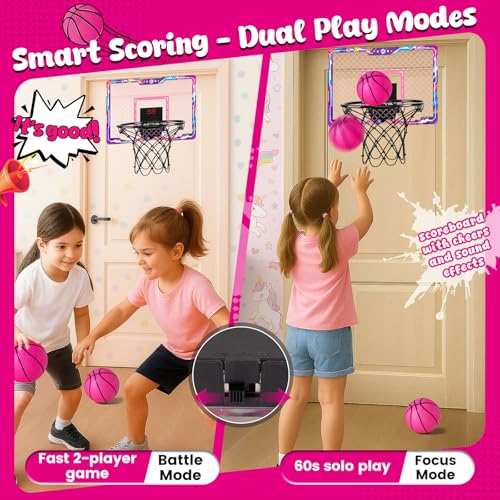 LovesTown Pink Indoor Mini Basketball Hoop, for Girls Ages 4-12, Over The Door Hoop with LED Lights & Electronic Scoreboard, 4 Balls, DIY Stickers, Sports Toys for Family Game Night - style: Charming
