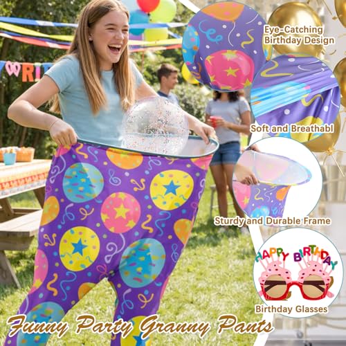 11 Pcs Birthday Granny Pants Set, 2 Giant Inflatable Pants with 1 Pump 6 Bouncy Balls & 2 Birthday Glasses, Outdoor Tossing Party Activity for Adults & Family Gatherings - style: Birthday Style