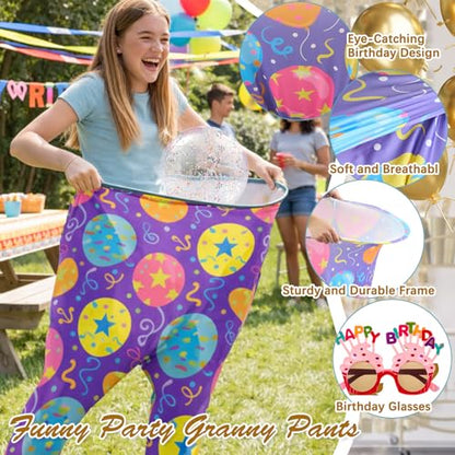 11 Pcs Birthday Granny Pants Set, 2 Giant Inflatable Pants with 1 Pump 6 Bouncy Balls & 2 Birthday Glasses, Outdoor Tossing Party Activity for Adults & Family Gatherings - style: Birthday Style