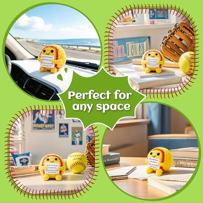 OkiyiD Mini Positive Yellow Softball Crochet Ornament – Knitted Wool Ball with Inspirational Card, Emotional Support Desk Decor for Women College Students, Stress Relief Gift for Graduation Birthday - style: yellow softball