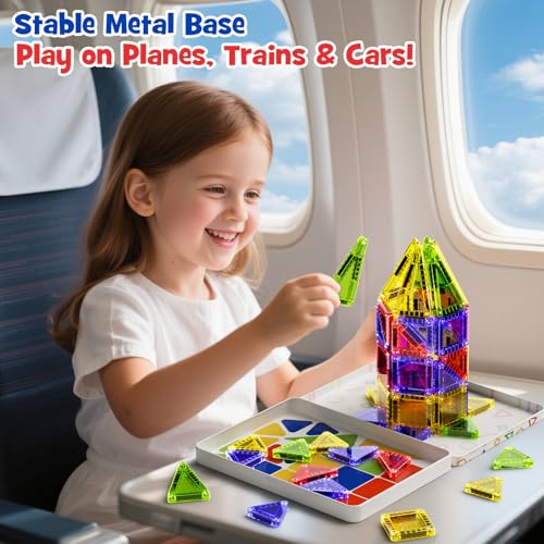 Mini Magnetic Tiles for Kids Travel - 40pcs STEM Building Blocks with Visual Storage Guide & Metal Box Play Base, Toddler Airplane Activities Toys for Ages 3-5,4-8, Compact Travel Toys - style: Glossy Surface Mini Magnetic Tiles - 40 PCS