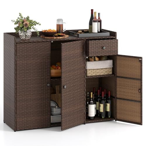 Tangkula Rattan Outdoor Storage Cabinet, Patiojoy Outdoor Cabinet with 2 Adjustable Shelves, 1 Drawer, 3 Doors, Patio Storage Deck Box Table for Patio Garden Poolside - color: Mix Brown, size: 48" x 17" x 40"