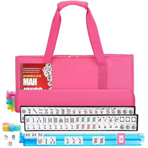 American Mahjong Tile Set,166 White Tiles Mahjong Set,4 Colors Mahjong Racks,Travel Mahjong Set with Pink Carrying Bag - style: Pink Bag