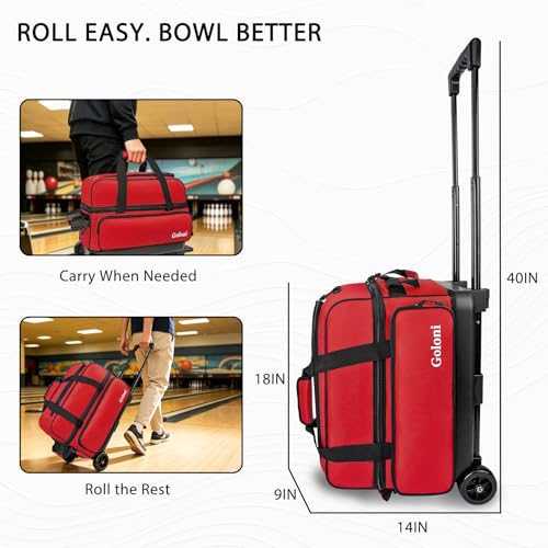 Goloni Double Roller 2 Ball Bowling Bag with Separate Shoe Compartment,2 Ball Bowling Bag with Wheels,Retractable Handle Extends to 40" - color: Red