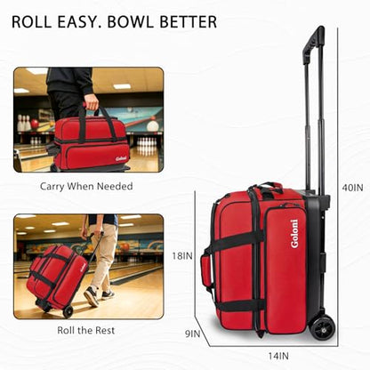 Goloni Double Roller 2 Ball Bowling Bag with Separate Shoe Compartment,2 Ball Bowling Bag with Wheels,Retractable Handle Extends to 40" - color: Red