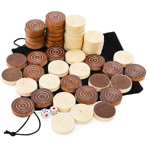 Yarlung 48 Pieces Wooden Checkers Only with 2 Dices, 1.25 Inch Wood Backgammon Checkers Game with Drawstring Bag for Replacement or Spare Pieces