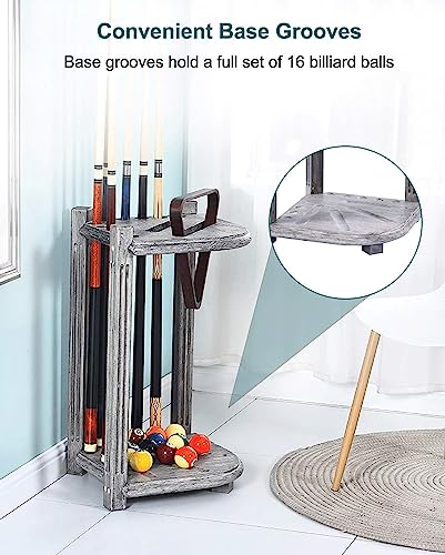 REMYS Corner Floor Cue Rack, with 5 Drink Coasters, Billiard Supplies 10 Cues Freestanding Pool Stick Holder, Holds Full Set of Balls