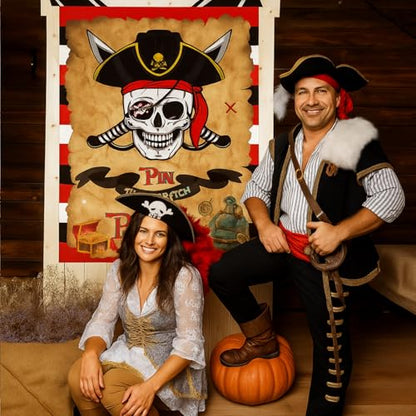 Faccito Pirate Party Games Pin The Eye Patch on The Pirates Birthday Decorations Pin Games Set Include Skull Poster 24 Stickers and Blindfold for Pirates Birthday Party Decorations Activities Supplies - style: Pirate