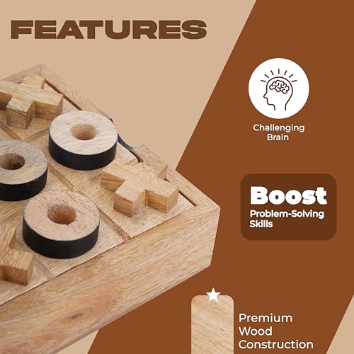 Ajuny Wooden Tic Tac Toe Game for Kids & Adults Travel XOXO Board Game Set for Coffee Table Decor Living Room Famil Farmhouse Desk Gift- 5.5 Inch