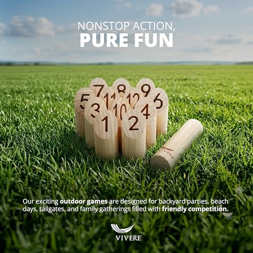 Vivere Viking Throw Tournament Edition, Outdoor Bowling Game Set for Kids & Adults with 12 Pins, Baton & Carry Bag for Backyard, Beach & Lawn Play