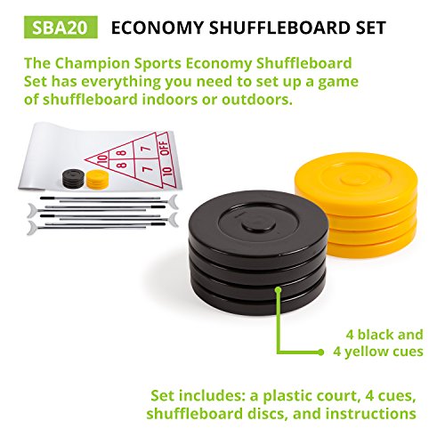 Champion Sports Shuffleboard Set (Cues & Pucks Included) - Easy Setup Indoor/Outdoor Group Game up to 4 Players – Multiple Styles