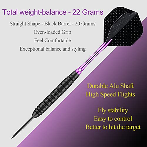 Darts Metal Tip Set - 3 Pack Professional 22 Grams Steel Tip Darts with Slim Case Black Purple Blue Aluminum Shafts 9 Flights 50 Rubber O'Rings 1 Dart Sharpener 12 Spring Rings - color: 22 Grams - purple