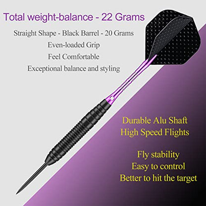 Darts Metal Tip Set - 3 Pack Professional 22 Grams Steel Tip Darts with Slim Case Black Purple Blue Aluminum Shafts 9 Flights 50 Rubber O'Rings 1 Dart Sharpener 12 Spring Rings - color: 22 Grams - purple