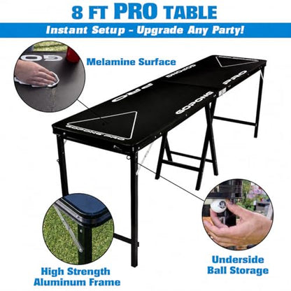 GoPong PRO 8 Foot Premium Beer Pong Table - Heavy-Duty (Black, 36-Inch Tall)