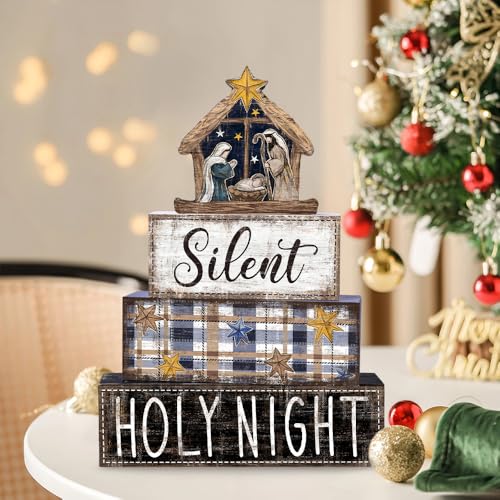 DIYDEC 4Pcs Christmas Table Decoration Christmas Jesus Wooden Block Sign Xmas Tiered Tray Decor Winter Centerpiece Decorative Sign for Holiday Tabletop Coffee Fireplace Shelf Desk Party Decor - style: Blue Jesus