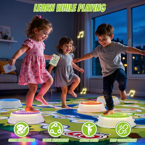 HYES Light Up Stepping Stones for Toddlers 1-3 - 6 PCS Non-Slip Step Stones with Game Map, Toddler Obstacle Course Sensory Toys, Indoor Outdoor 3-5 Years Old Boys Girls Birthday Gifts - style: 6 LED Pads & Map