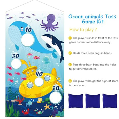 Blulu Ocean Animal Toss Games Banner with 4 Bean Bags Toss Game Indoor Outdoor Dolphin Whale Octopus Blue Birthday Party Decorations for Ocean Animal Theme Party Supplies Photo Background Backdrop