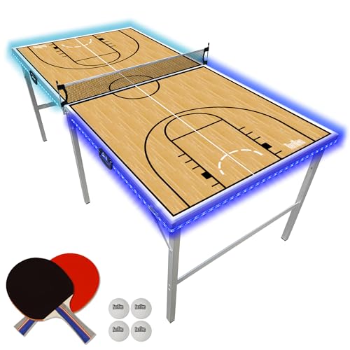 PartyLife 6 ft x 3 ft Ping Pong Table Tennis Table | Mid-Size Portable Folding Indoor Outdoor Foldable Ping Pong Table Tennis Table w/Optional LED Lights (Not a Full Size Table) - color: Basketball, size: 6ft x 3ft - LED Lights