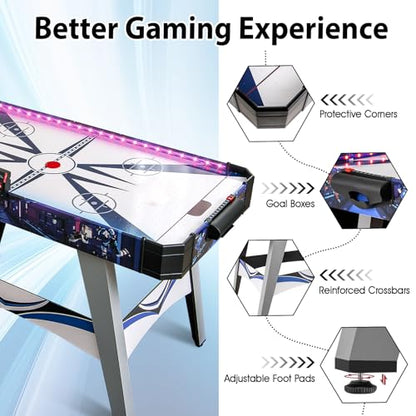 GYMAX Air Hockey Table, 54 Inch Arcade Style Air Hockey Game Table with LED Lights & Scoreboard, Powerful 12V Motor, 2 Pushers, 2 Pucks, for Kids & Adults, Home, Game Room and Office
