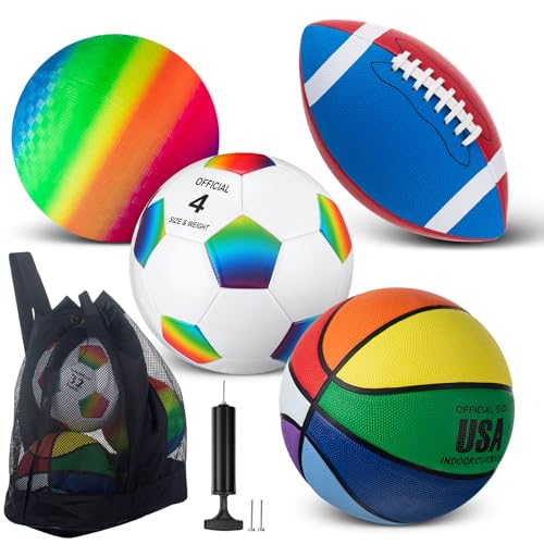 Deekin 4 Pcs Sport Balls Set for Kids Teens, Include Official Size Basketball Soccer Football Playground Ball and Pump Sports Equipment Bag Sports Gift(Rainbow Color) - color: Rainbow Color