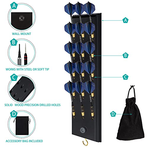FDLS Darts Holder Wall Mounted Displays 12 or 15 Steel/Soft Tip Darts, Darts Caddy for wall with Metal Hook, Accessory Storage Bag - style: Black Hold 15 Darts