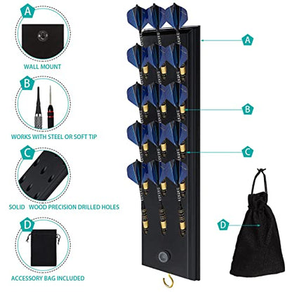 FDLS Darts Holder Wall Mounted Displays 12 or 15 Steel/Soft Tip Darts, Darts Caddy for wall with Metal Hook, Accessory Storage Bag - style: Black Hold 15 Darts