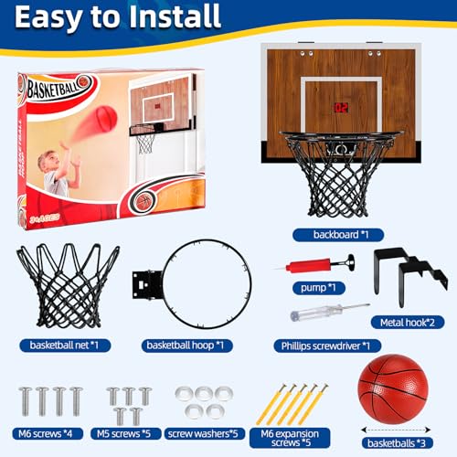 Indoor Mini Basketball Hoop Set – Over The Door with Wood Backboard & Iron Rim – Includes 2 Balls & Air Pump – Anti-Shock Padding – 16"x12"x3"