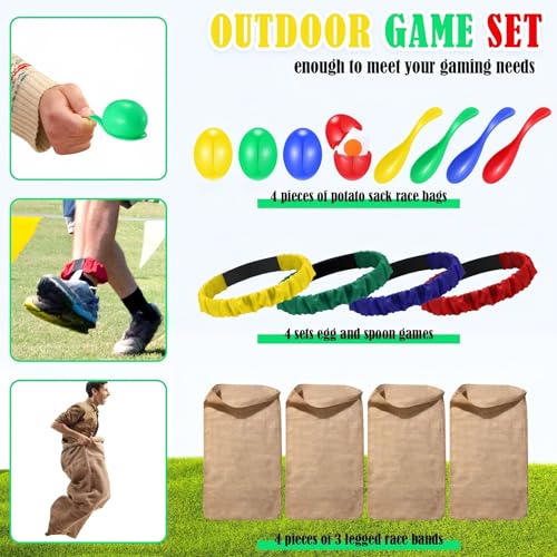 12 Pcs Summer Potato Sack Race Bags Outdoor Lawn Game with Egg and Spoon Running Game, 3 Legged Relay Race Band Carnival Play Outside Backyard Field Day Birthday Party Plays for Adult, Family, Company
