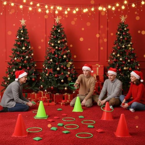 Soulchen 30 Pcs 3 in 1 Carnival Games Set Soft Plastic Cones Bean Bags Combo Set Ring Toss Games for Adults Family Outdoor Yard Birthday Party