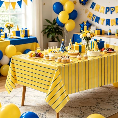 4 Pcs Plastic Baseball Tablecloths, Rectangle Yellow Blue Stripe Table Cloth for Baseball Team Game Day Banana Team Sports Theme Party Supplies, 51 x 86 Inches - color: Blue on Yellow