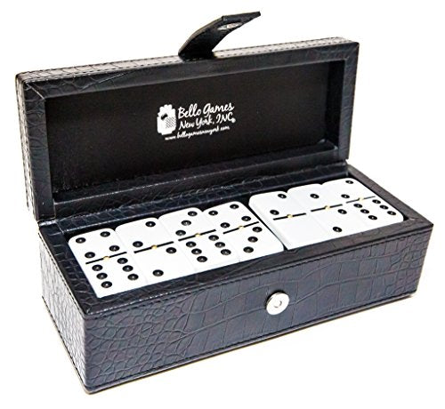 Bello Games New York, Inc. Flushing Meadows Double Six Professional Jumbo Size Two Tone Tournament Dominoes Set with Spinners in a Black Leatherette Case