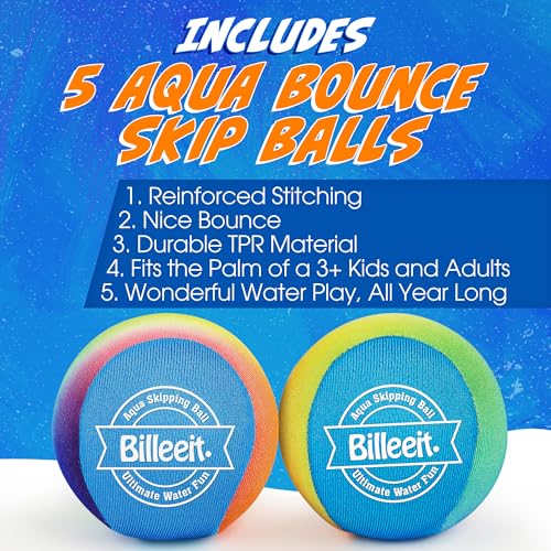 Billeeit 5Pcs Rainbow Water Skipping Balls Set for Pool Play | Floating TPR Bouncing Ball for Kids 3+ and Adults Beach, Lake, River, Ocean Play w/5 Round Balls and Mesh Bag