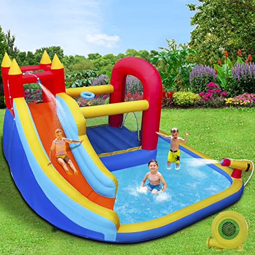 JOYLDIAS Inflatable Water Slide Bounce House,Slide Bouncer Castle Playhouse w/Splash Pool,Jump Area, Climbing Wall,Basketball Hoop,450W Air Blower for Kids Backyard Indoor Outdoor Use,Free Water Gun - color: 5 in 1