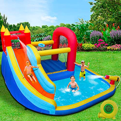 JOYLDIAS Inflatable Water Slide Bounce House,Slide Bouncer Castle Playhouse w/Splash Pool,Jump Area, Climbing Wall,Basketball Hoop,450W Air Blower for Kids Backyard Indoor Outdoor Use,Free Water Gun - color: 5 in 1