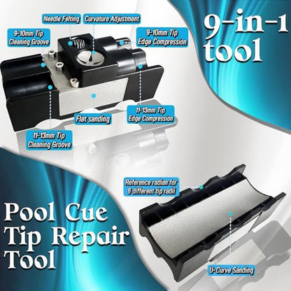Tai ba cues 9-in-1 Pool Cue Tip Shaper & Scuffer, Professional Pool Cue Tip Tool for Tip Repair, Shaping, Replacement and Maintenance. Pool Cue Tips Replacement Kit, Pool Cue Shaper Trimmer