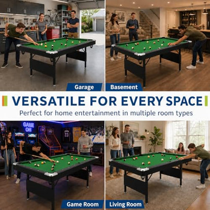 63.8 Inch Foldable Pool Table, No Assembly, Steel Folding Legs, 4-Point Leveling Feet, Complete Set — 16 Balls, Triangle, Chalk, Felt Brush - color: Green Felt+Black Frame