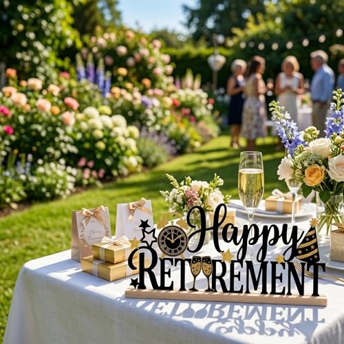 Happy Retirement Party Table Decorations Black and Gold Metal Table Sign with Wooden Base Happy Retirement Gift for Women Men Coworker Tabletop Centerpieces for Home Mantel Shelf Desk - style: Happy Retirement