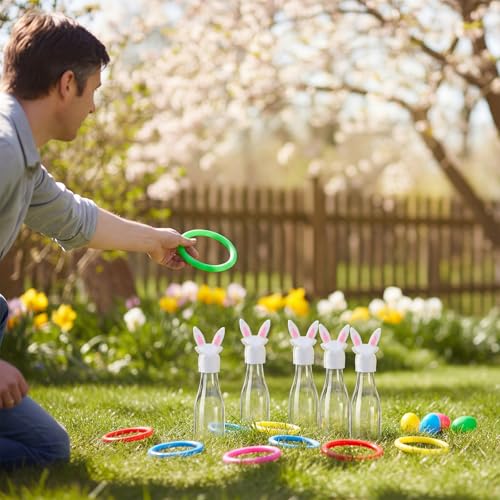 Capoda 84 Pcs Easter Ring Toss Game Outdoor Bunny Party Games Include 14 Glass Bottles and 70 Rings for Easter Party Indoor Outdoor Family Adults Throwing Favor Supplies