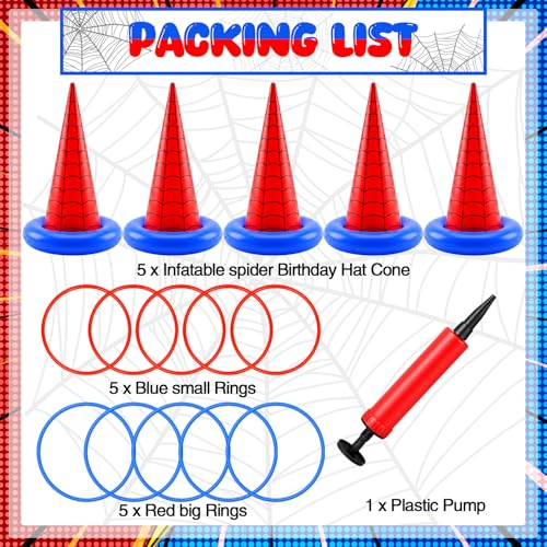 Thenshop 16 Pcs Spider Theme Inflatable Ring Toss Game Set Includes 5 Inflatable Cones 10 Plastic Rings and 1 Pump Spider Birthday Party Toss Game for Indoor Outdoor Lawn Yard Garden Party Supplies