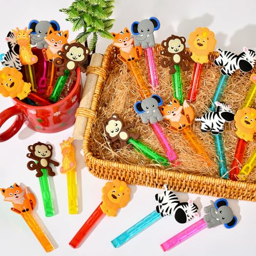 Winrayk Safari Party Favors, 24Pcs Jungle Animals Mini Bubble Wands for Kids Bubbles Bulk with Detachable Topper (6 Styles & Colors), Birthday Goodie Bag Stuffer Classroom Prizes Wild One Party Favors - style: Safari