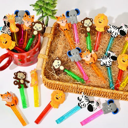 Winrayk Safari Party Favors, 24Pcs Jungle Animals Mini Bubble Wands for Kids Bubbles Bulk with Detachable Topper (6 Styles & Colors), Birthday Goodie Bag Stuffer Classroom Prizes Wild One Party Favors - style: Safari